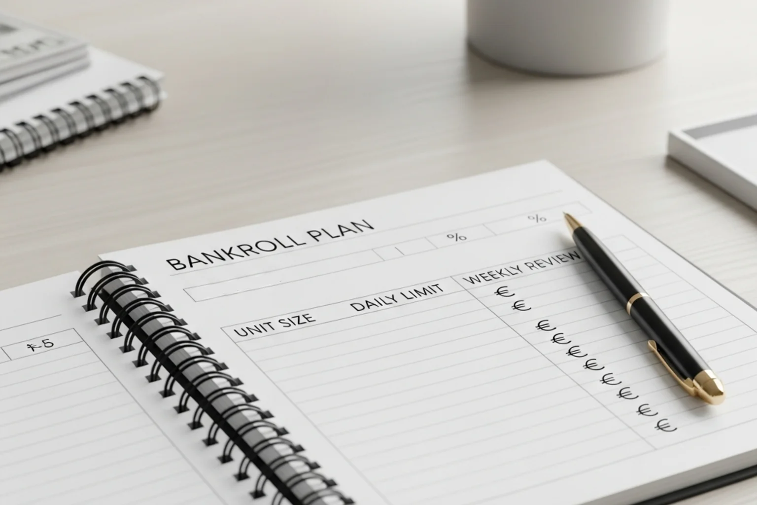 Notizbuch mit Finanzplanung und einem Stift auf dem Schreibtisch