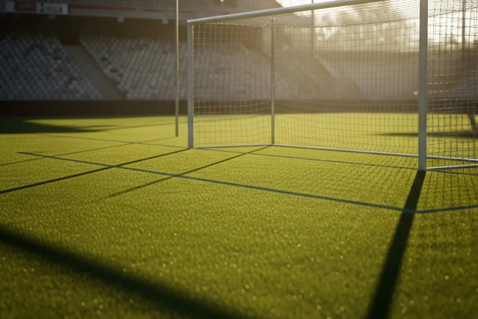 Fussballfeld bei Sonnenuntergang mit leeren Rängen