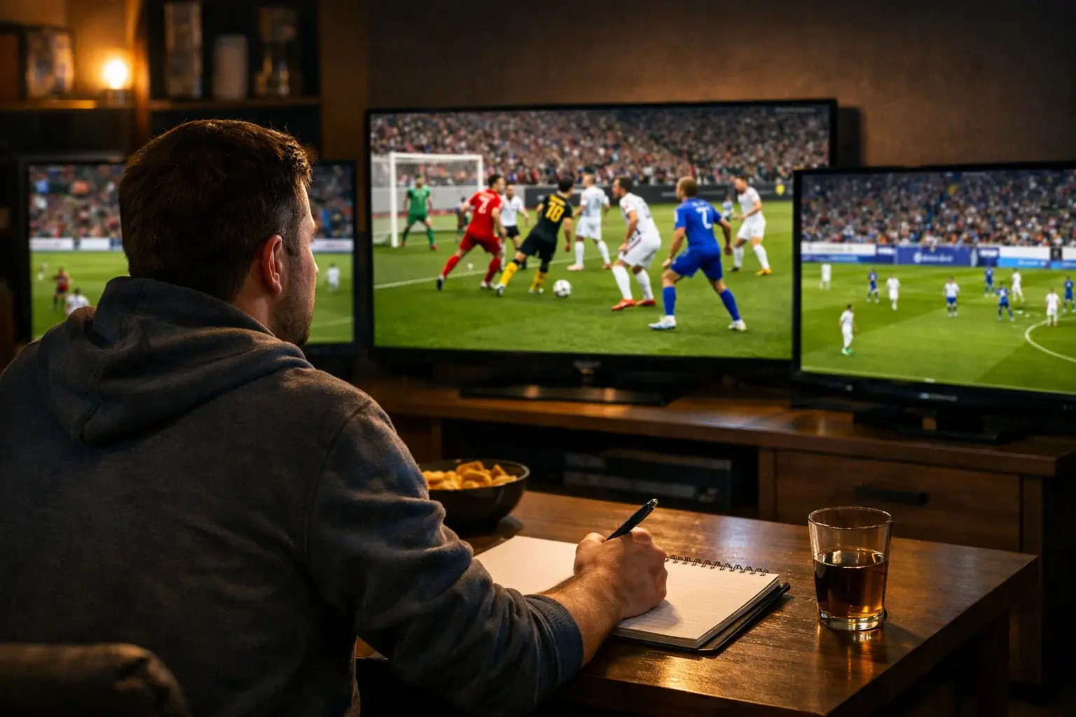 Person verfolgt Bundesliga-Spiele auf mehreren Bildschirmen