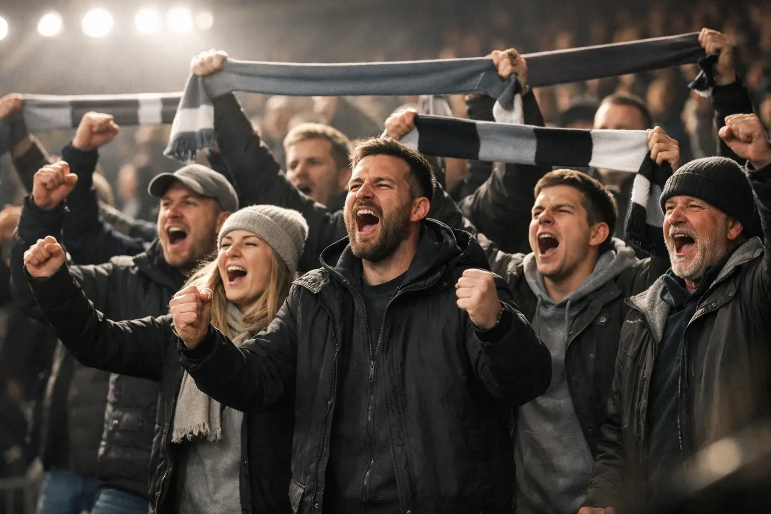 Begeisterte Fans mit Schals und Fahnen im Bundesliga-Stadion