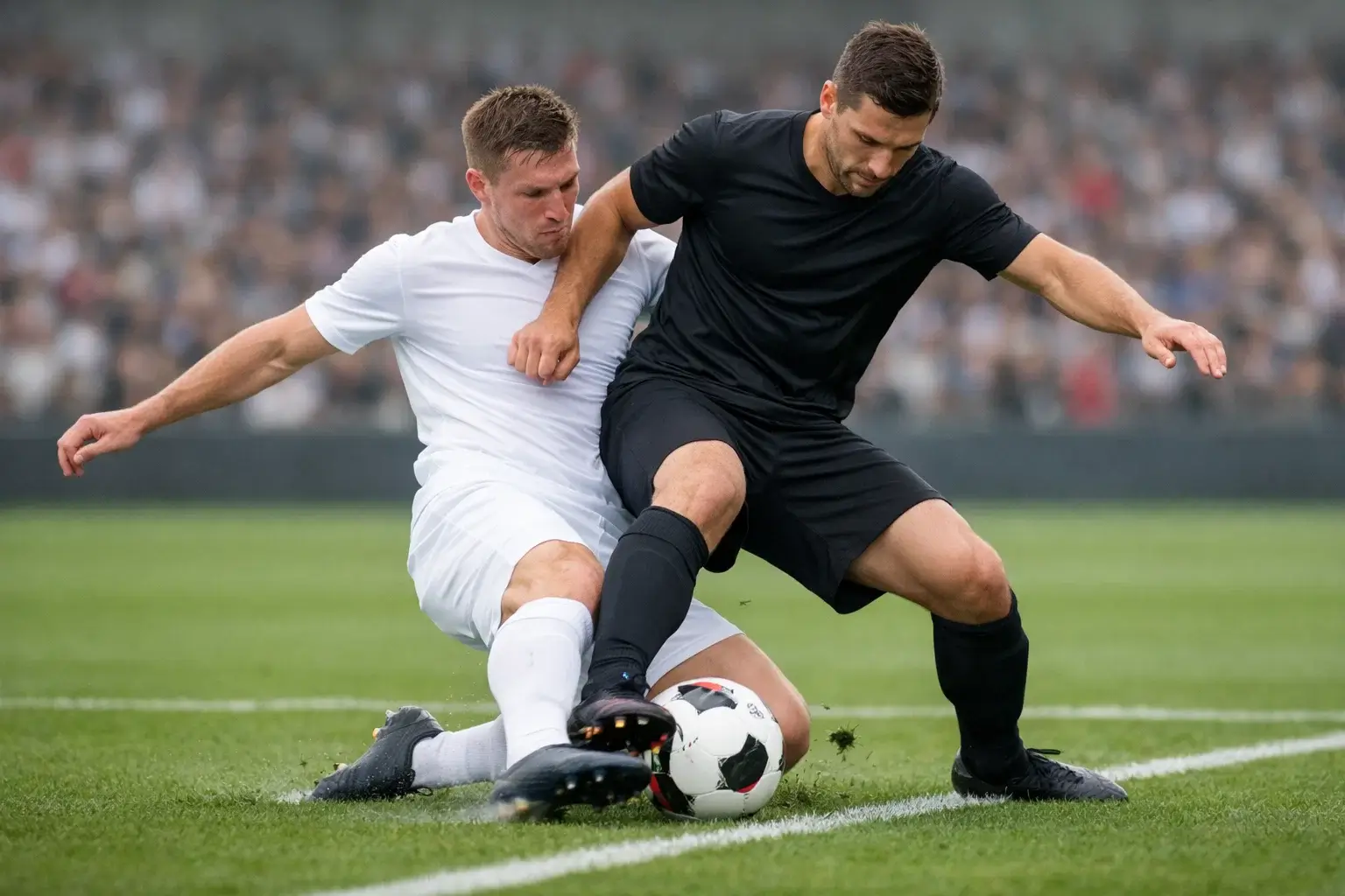Fussballspieler im Zweikampf während eines Bundesligaspiels