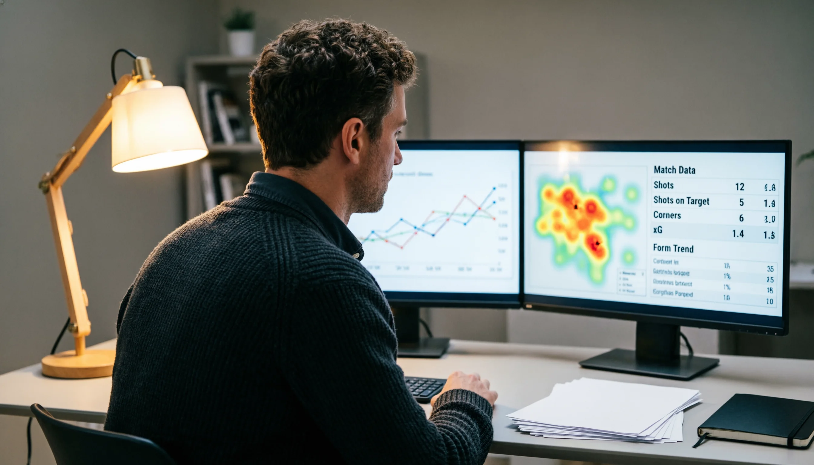 Analyst betrachtet Fussball-Statistiken auf mehreren Bildschirmen