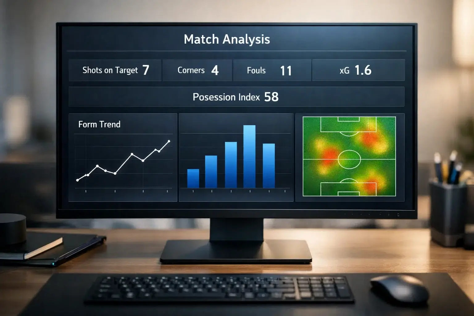 Bildschirm mit Fussballstatistiken und Datenvisualisierung