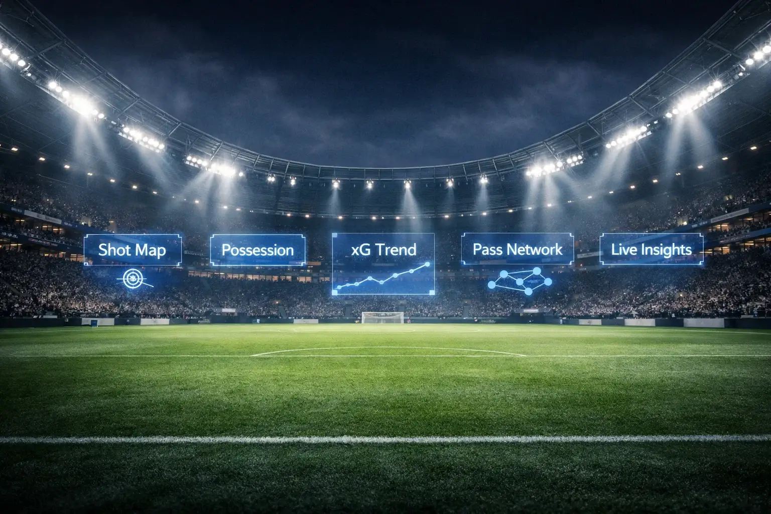 Fussballstadion mit digitaler Datenvisualisierung im Hintergrund