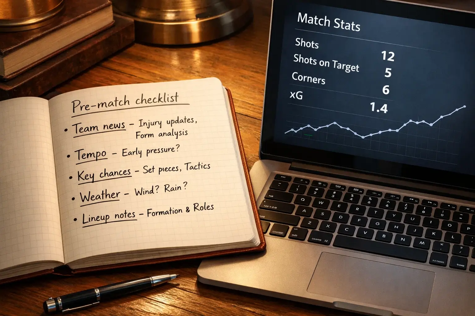 Notizblock und Stift neben einem Laptop mit Statistiken