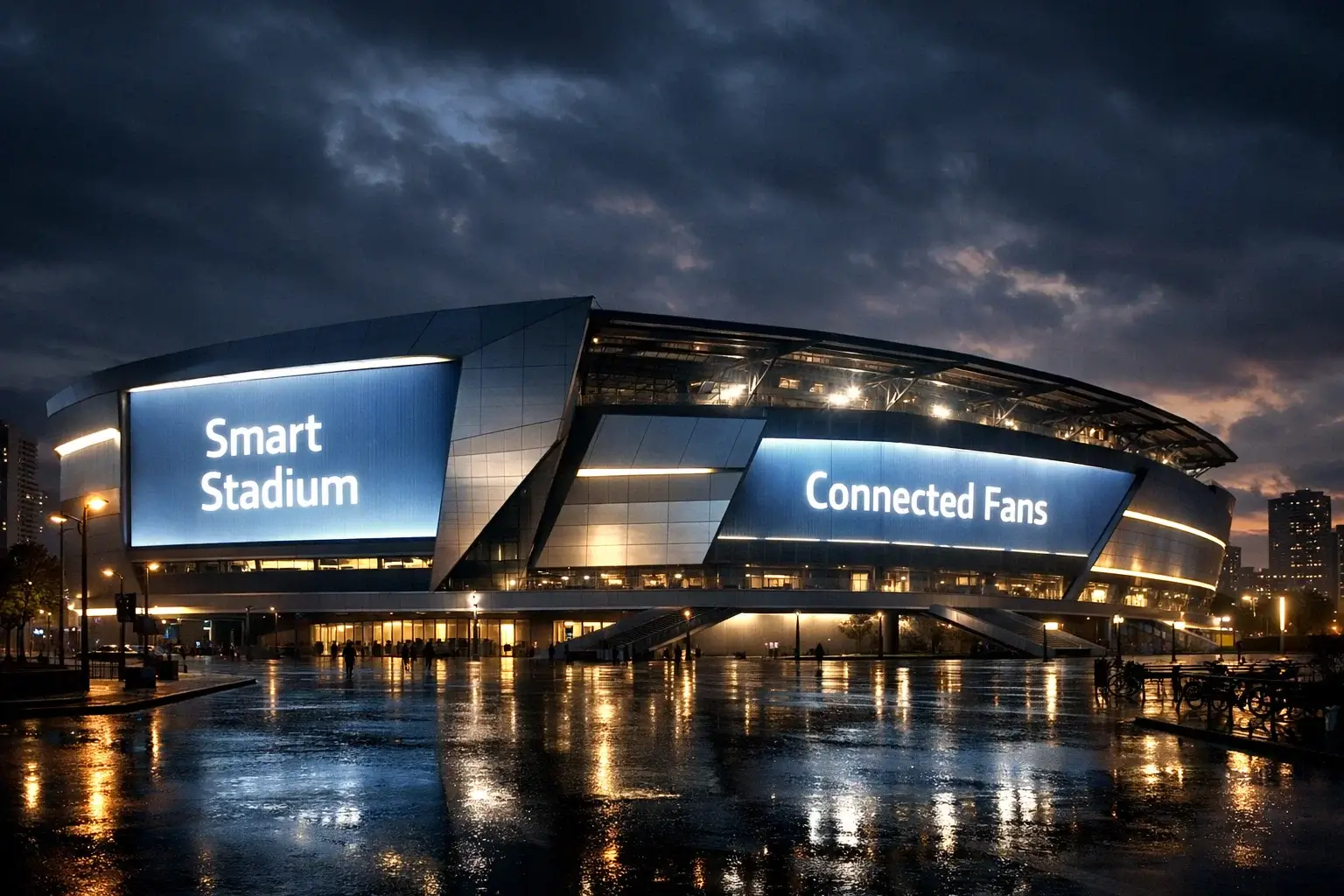 Modernes Fussballstadion bei Nacht mit beleuchteter Anzeigetafel