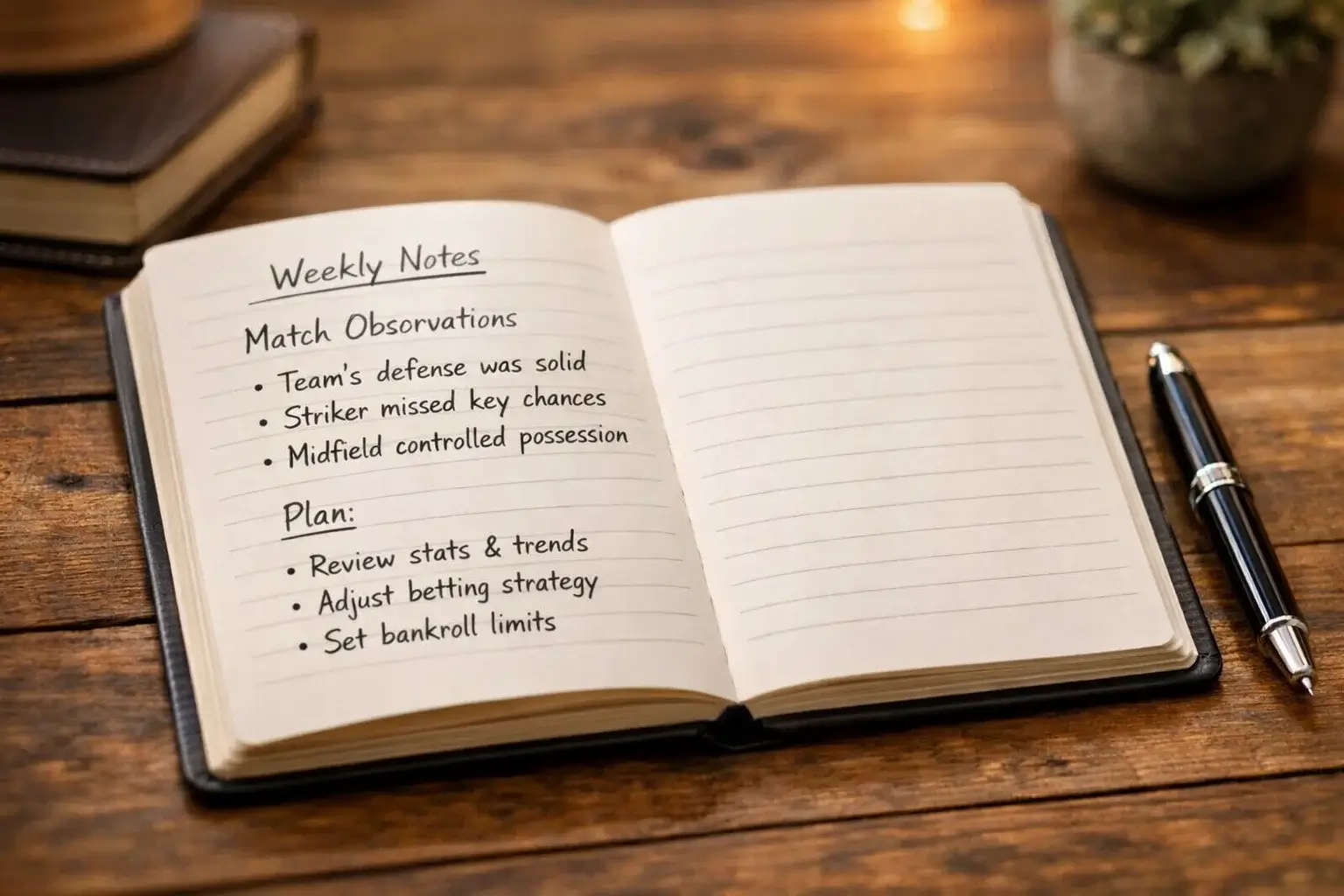 Notizbuch mit Wettdokumentation und Stift auf einem Tisch