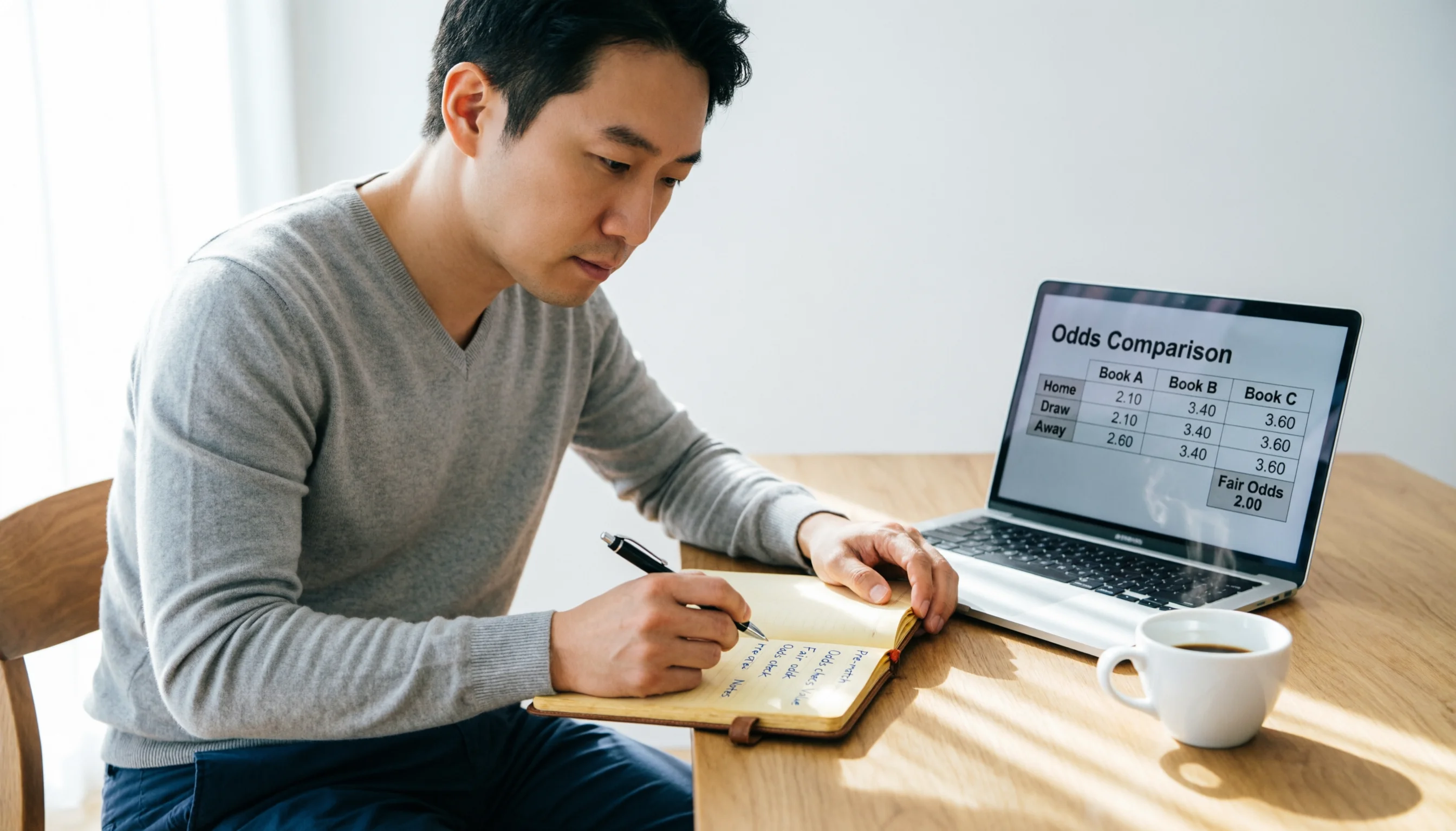 Person analysiert Wettquoten auf einem Laptop mit Notizbuch