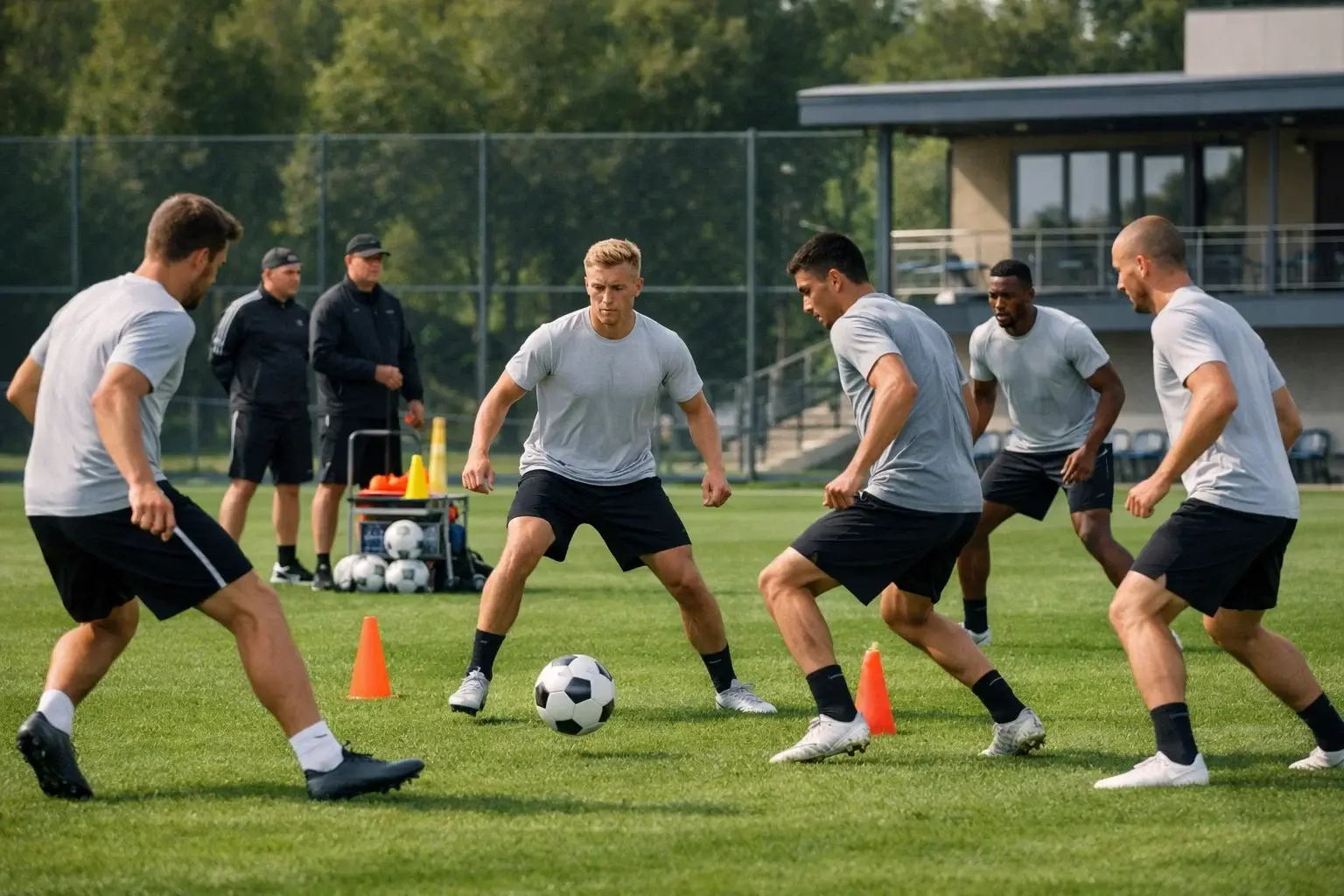 Fussballmannschaft beim Training auf dem Rasenplatz