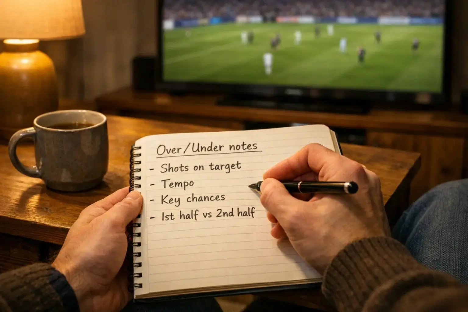 Person macht sich Notizen während eines Fussballspiels