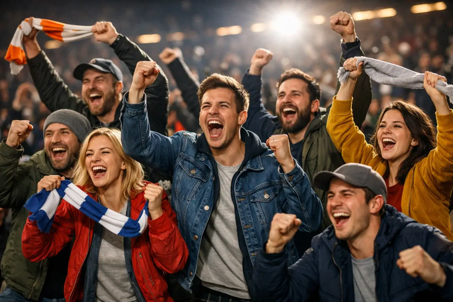 Fans jubeln nach einem Tor im Fussballstadion