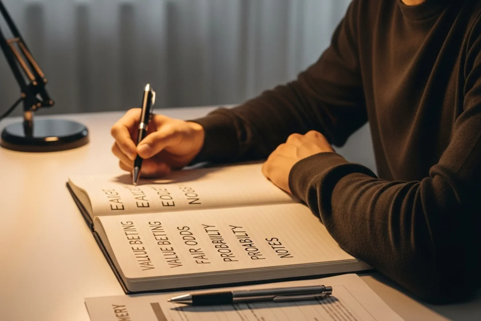 Konzentrierter Blick auf Fussballspiel-Analyse mit Notizen