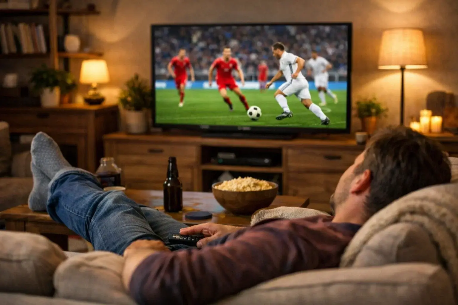 Person entspannt sich beim Fussballschauen im Wohnzimmer